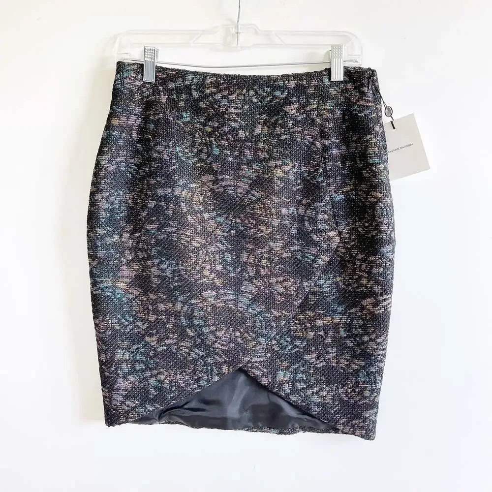 NWT CoSTUME NATIONAL Black Metallic Wool Faux Wrap Skirt